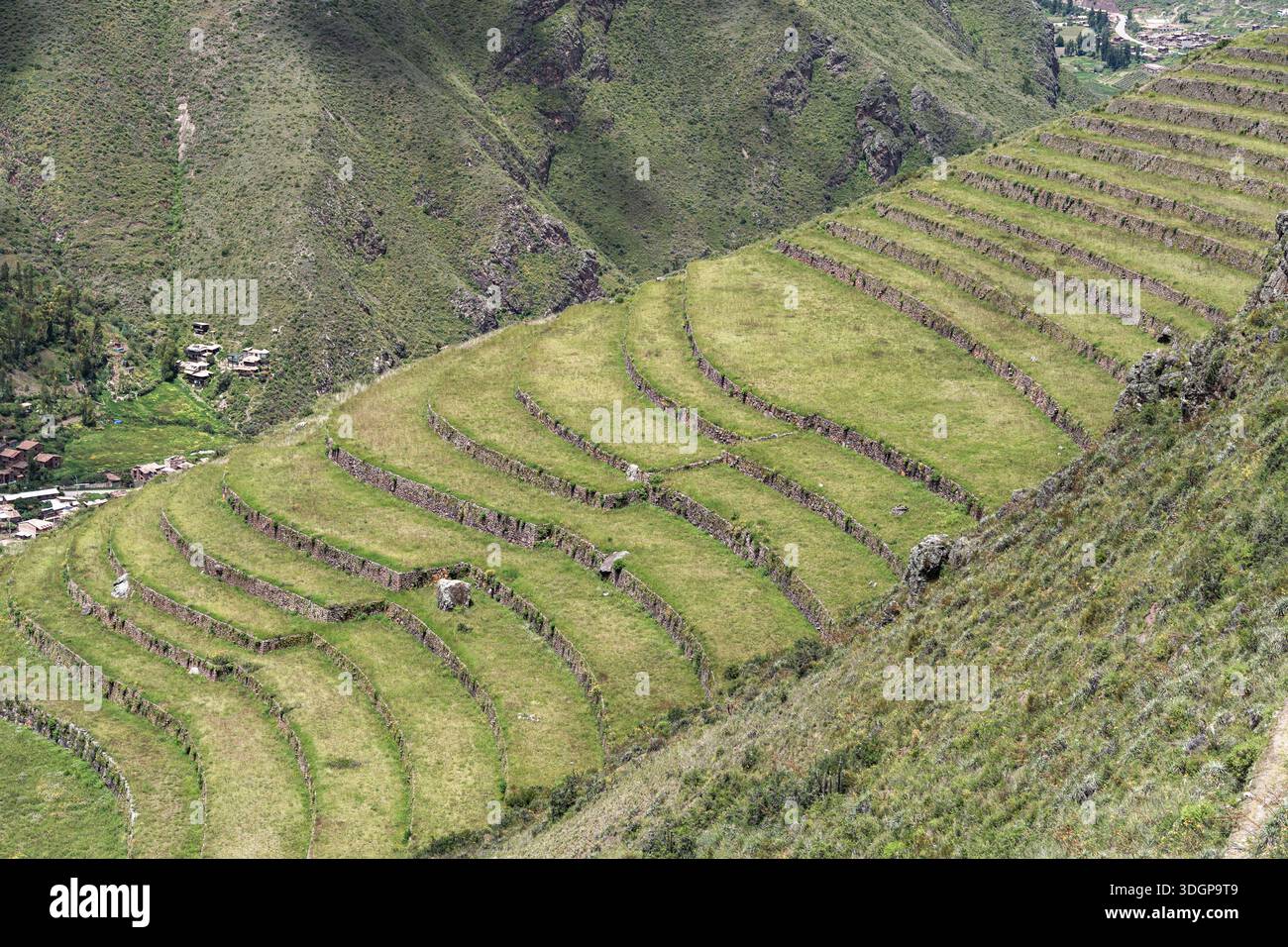 Scenic view with the agricultural stone terraces built on the steep ...