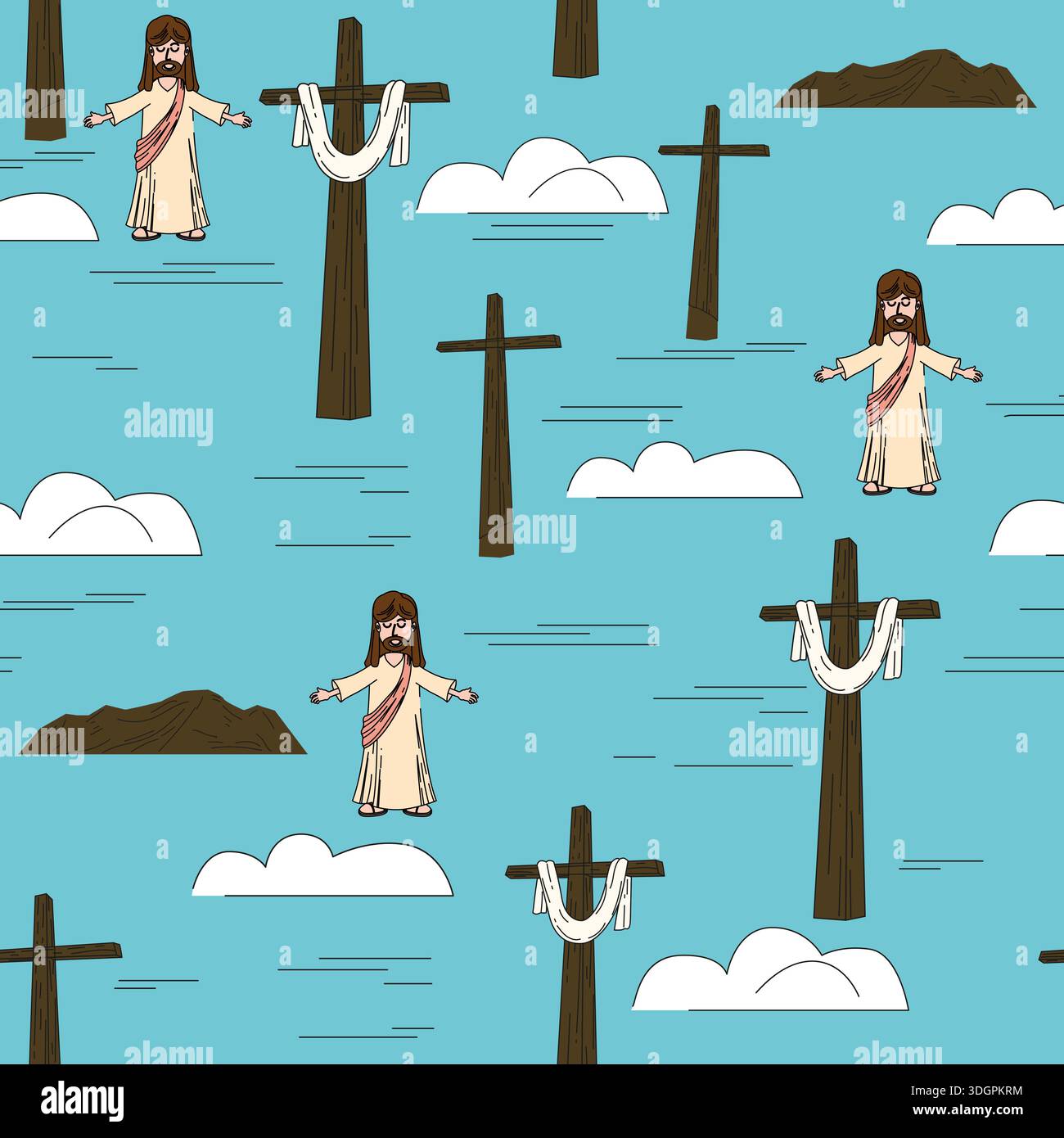 Seamless pattern He is risen, Easter, cross sky, cloud Stock Vector