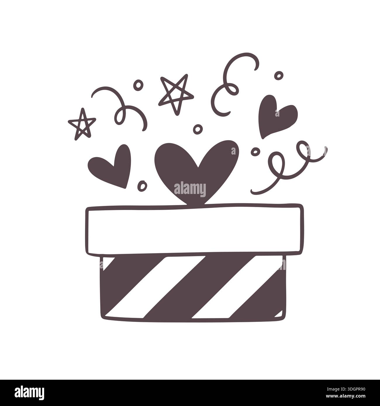 Opened Gift box with hearts confetti doodle icon Stock Vector