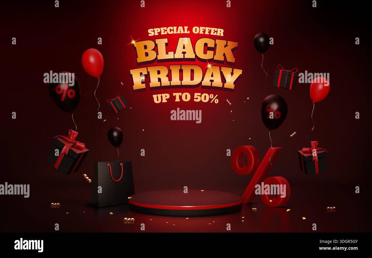 Black Friday background. Red gift offer, 3d sale present box or special discount holiday. Neon light banner. Empty product presentation platform, round podium promo advertising design. Vector poster Stock Vector