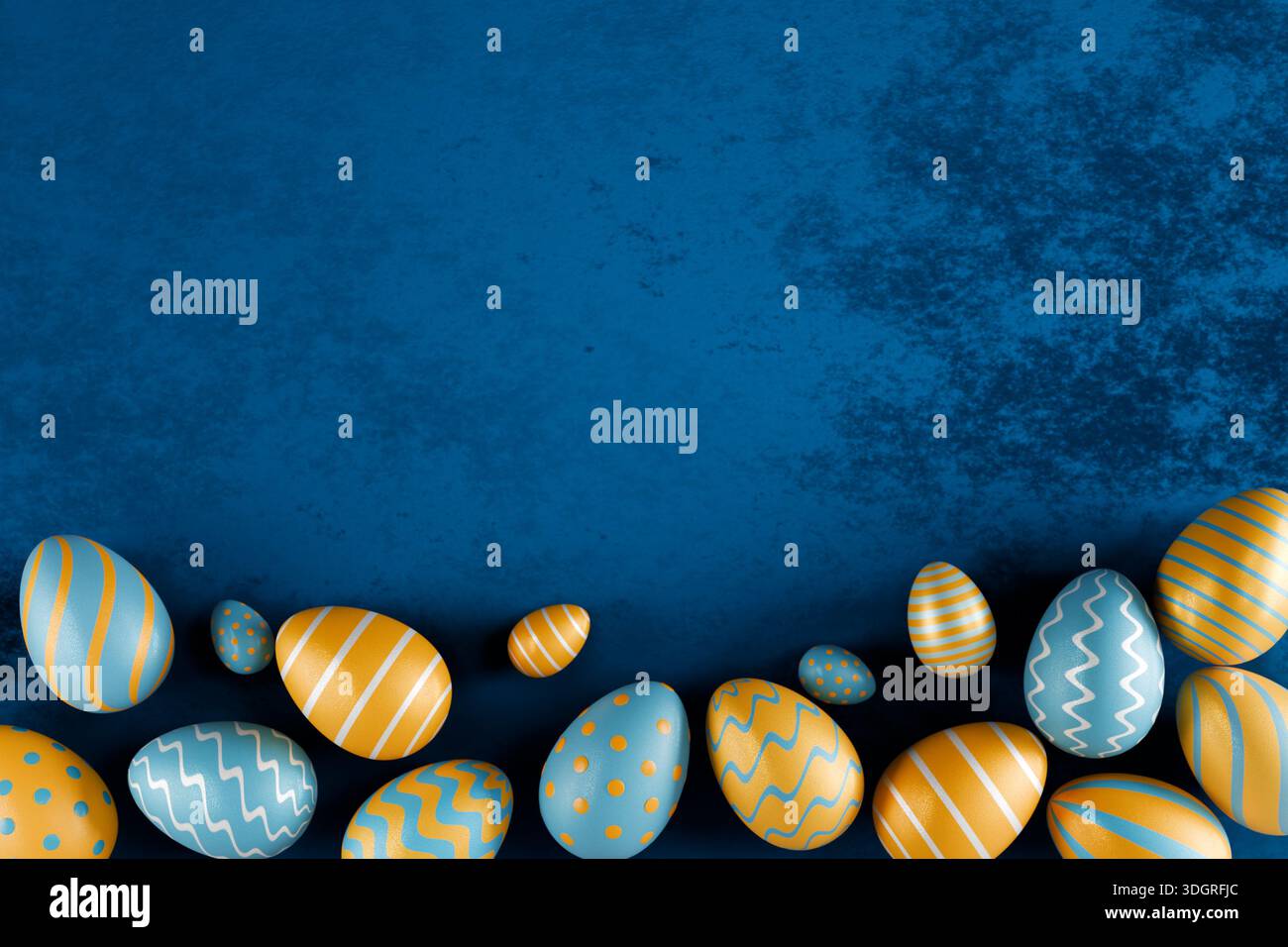 Colorful Easter eggs with blue and yellow patterns arranged on a textured blue surface. 3d rendering Stock Photo
