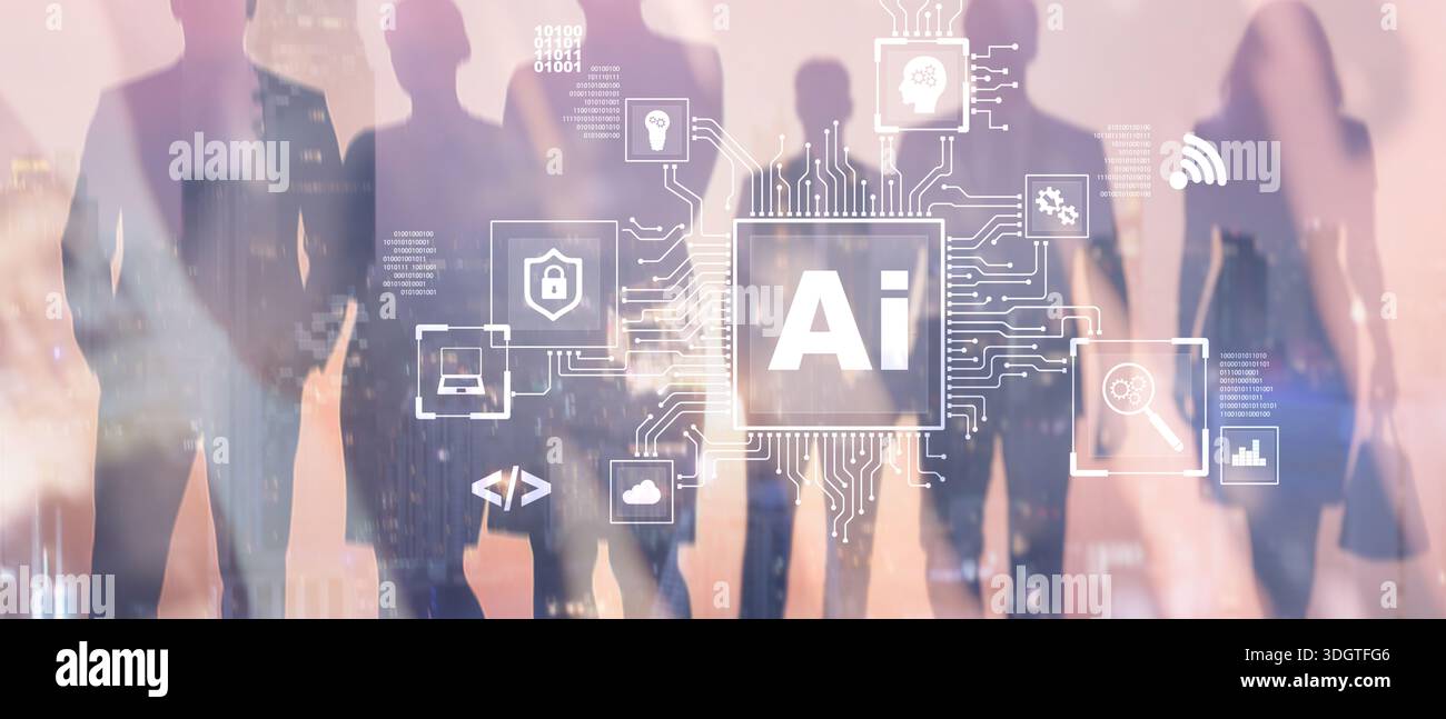 Abstract futuristic AI data processing and machine learning technology concept. Stock Photo