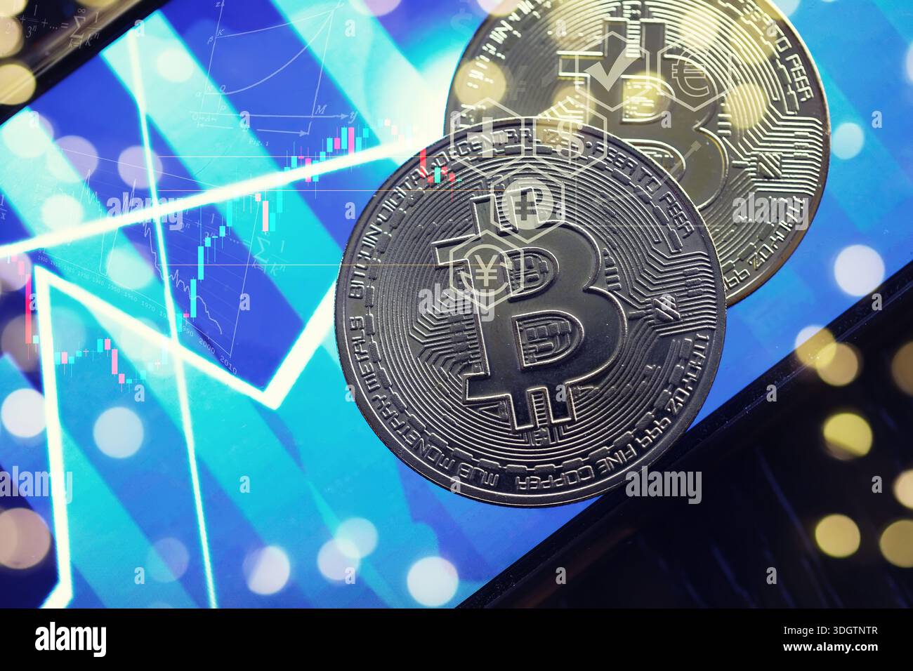 Bitcoin gold coin and defocused chart background. Virtual cryptocurrency  Stock Photo - Alamy