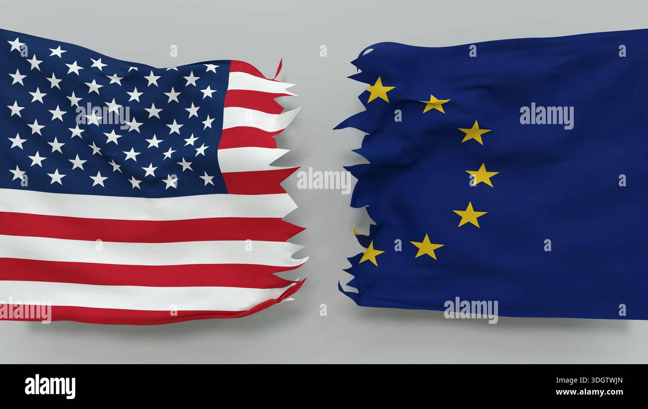 Torn banner representing diplomatic relations between the USA and Europe - 3D rendering Stock Photo