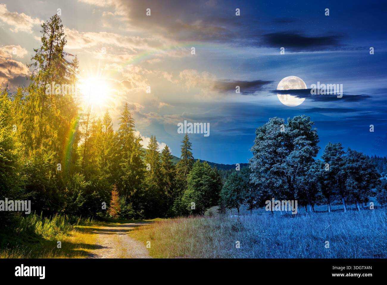 old gravel road through forest. day and night time change concept. beautiful summer landscape with sun and moon at twilight. cloud above the distant m Stock Photo
