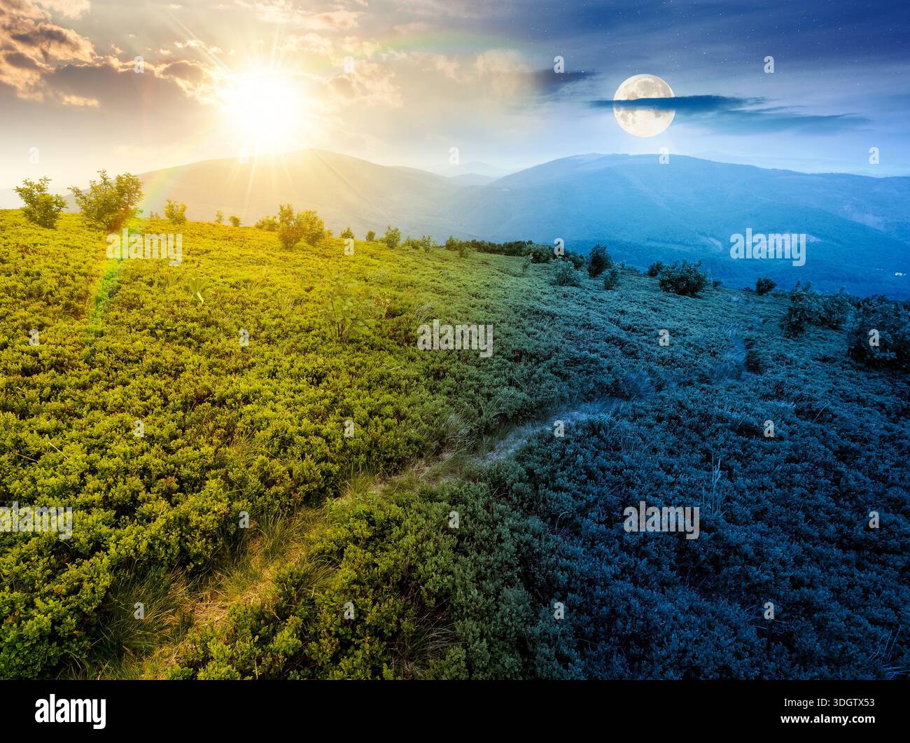 hiking trail through mountain landscape. day and night time change concept. mountains under sky with sun and moon at twilight. scenery with green gras Stock Photo