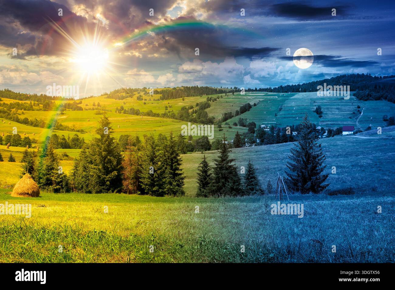 grassy rural hills in mountains. time change concept. wonderful summer countryside with sun and moon at twilight. spruce trees on the green meadow. un Stock Photo