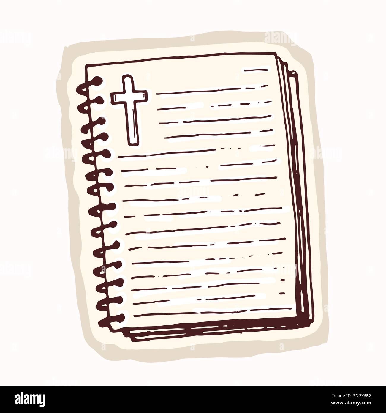 Hand drawn bible journaling notes page with christian cross and ring binder detail.Simple isolated vector motif for pretty bible aesthetic sticker Stock Vector