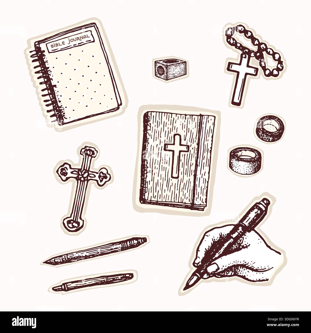 Bible Simple Image Hand drawn bible book with journaling pens and christian cross and hand ...