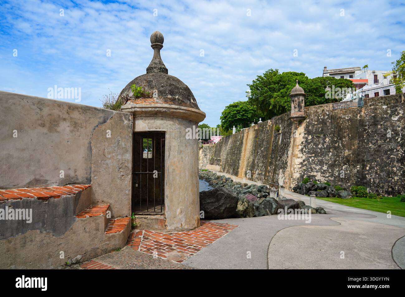 Historic city walls and sentry box (garita) in the Old San Juan, Puerto ...