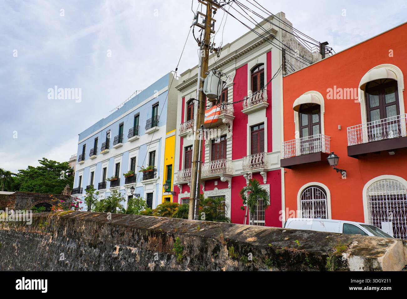 Colorful facades above the historic city walls of the Old San Juan ...
