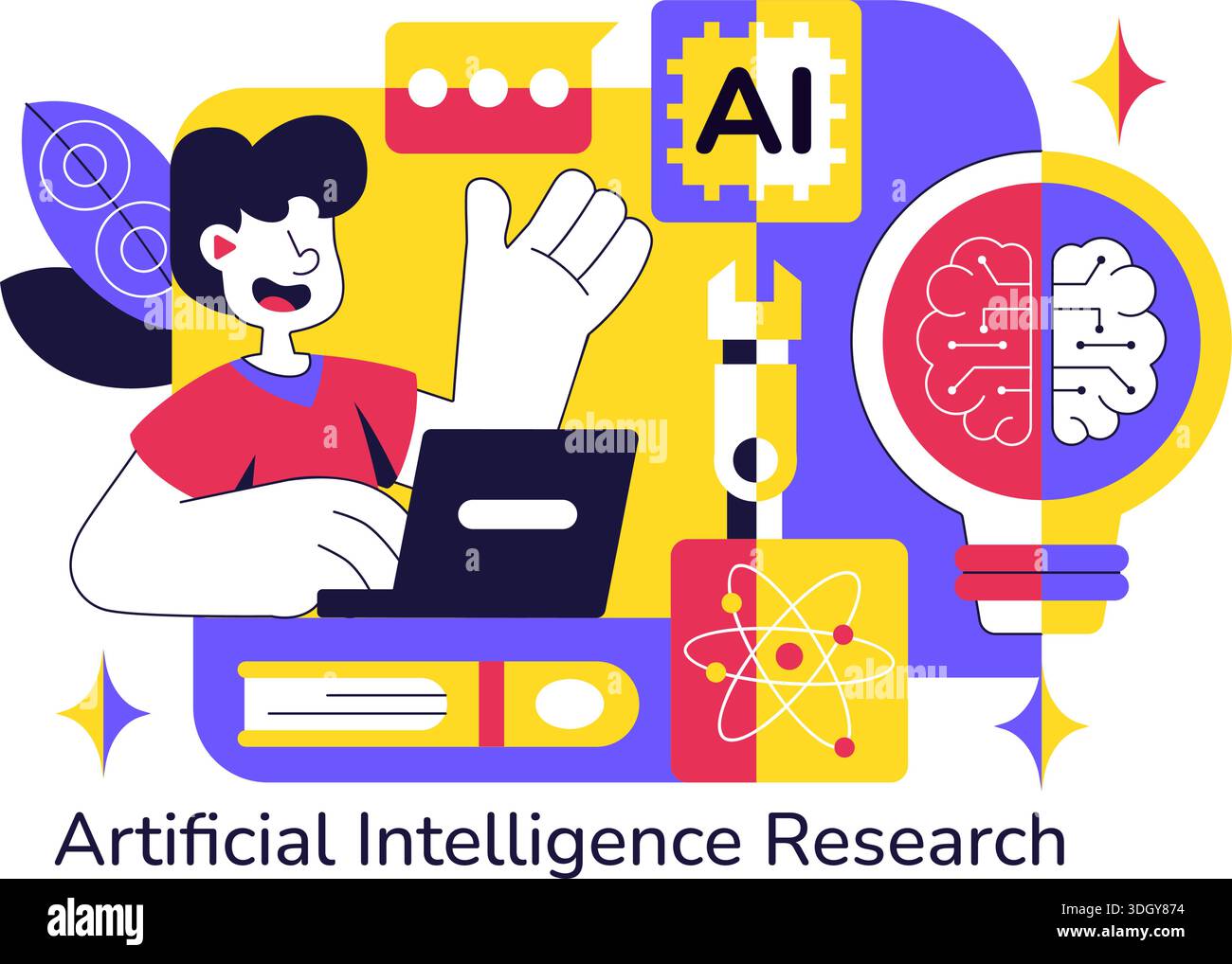 Artificial Intelligence Research Vector Illustration Featuring Data Analysis, Neural Network Technology, and Innovation in a Flat Style Background Stock Vector