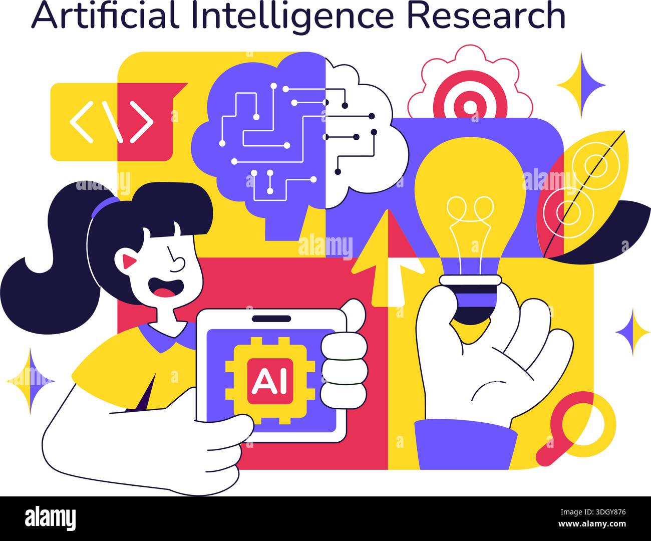 Artificial Intelligence Research Vector Illustration Featuring Data Analysis, Neural Network Technology, and Innovation in a Flat Style Background Stock Vector
