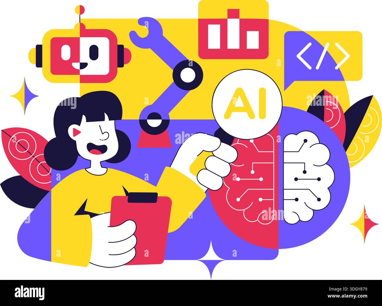 Artificial Intelligence Research Vector Illustration Featuring Data Analysis, Neural Network Technology, and Innovation in a Flat Style Background Stock Vector