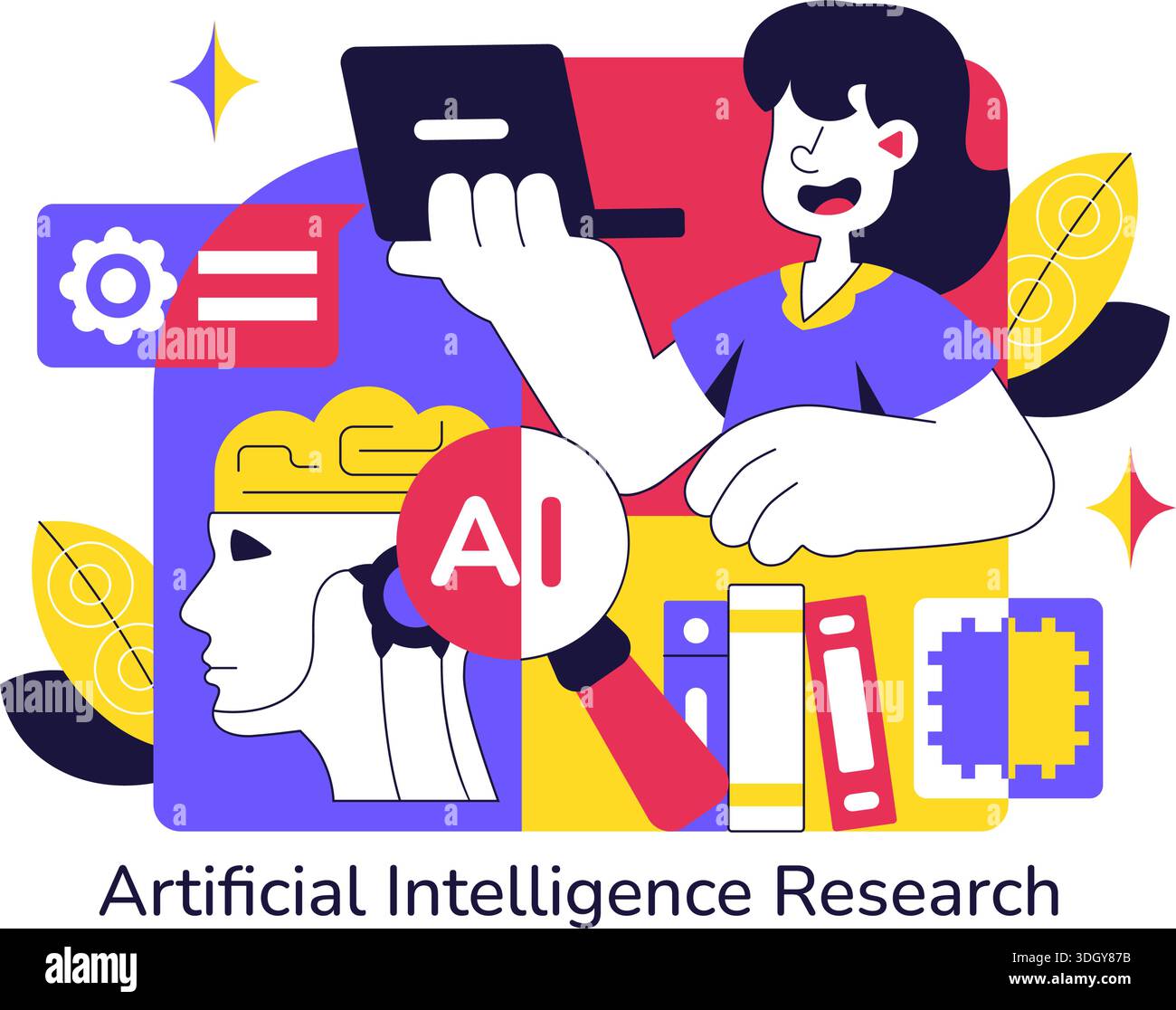 Artificial Intelligence Research Vector Illustration Featuring Data Analysis, Neural Network Technology, and Innovation in a Flat Style Background Stock Vector