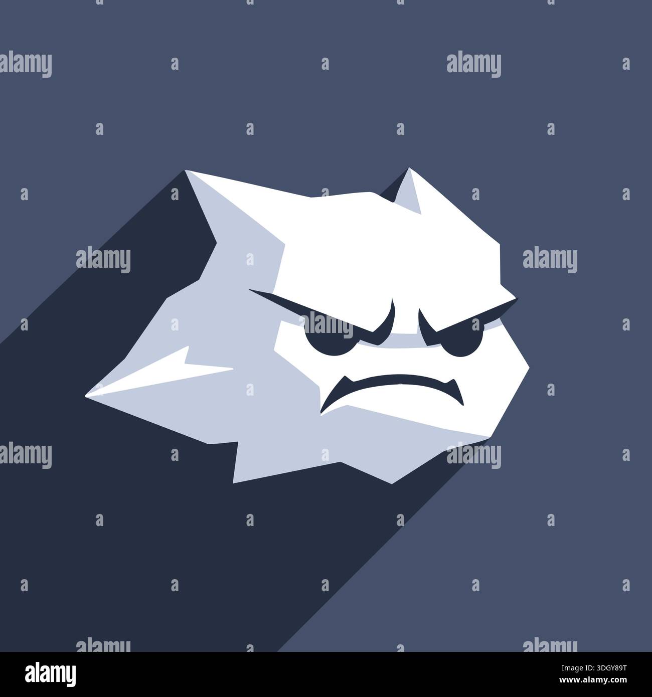 Stylized white rock chunk with an angry face and long shadow on a dark blue background Stock Vector