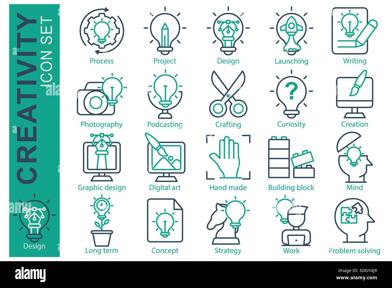 Creativity icon set. Line icon style. Containing icon process, project, problem solving and more. Creativity element vector illustration Stock Vector