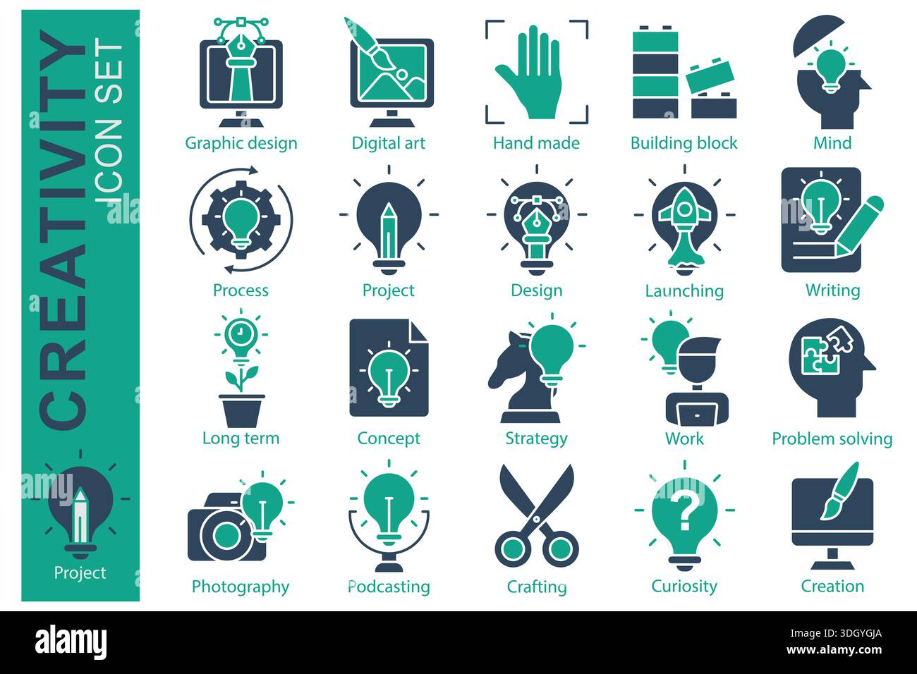 Creativity icon set. Solid icon style. Containing icon process, project, problem solving and more. Creativity element vector illustration Stock Vector