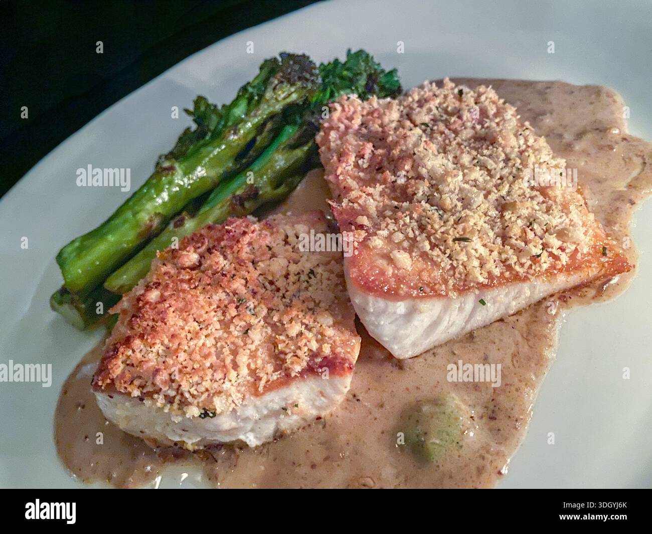 Hawaiian regional fine dining plate of Macadamia nut crusted Kona Kampachi with local broccolini in roasted hamakua mushroom miso reduction - Smartphone Captured Stock Image