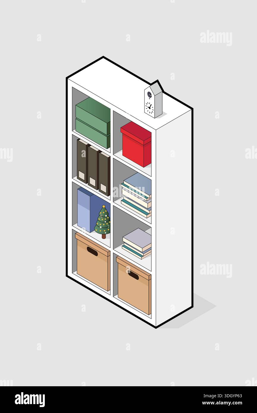 Isometric shelves with books and objects decoration. Vector illustration Stock Vector