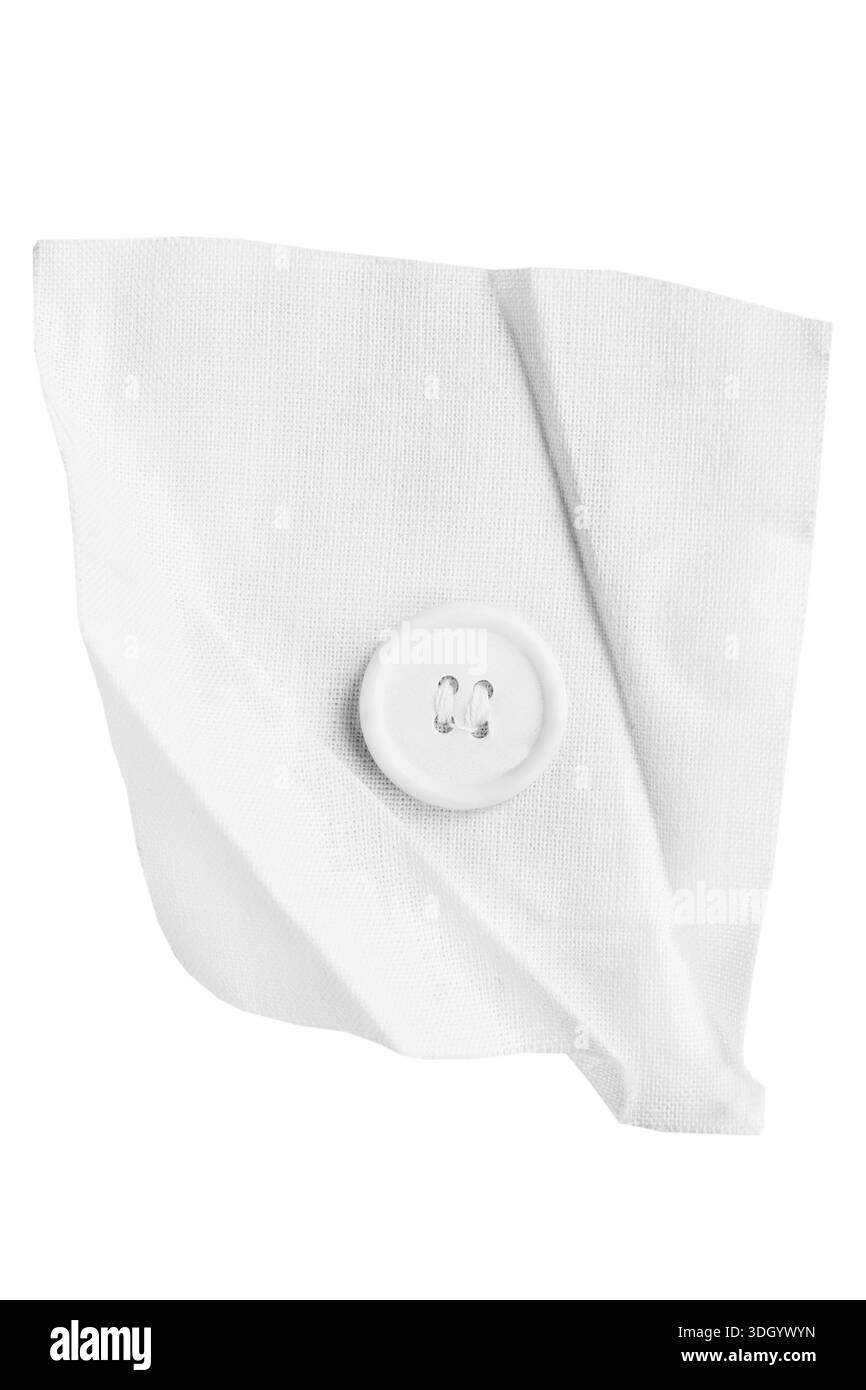 White button sewn on white fabric sample isolated on white background Stock Photo