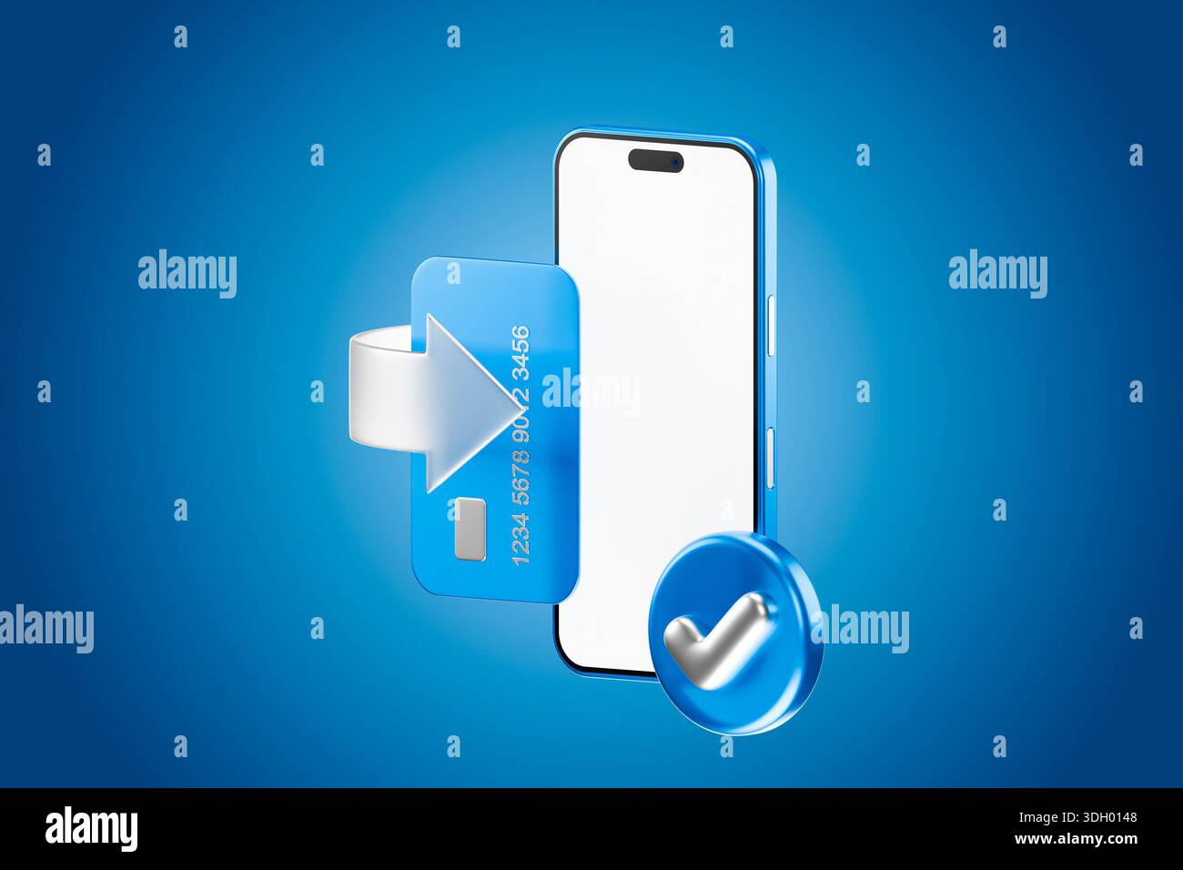Mobile bank transfer icon with arrows and green check mark on ...