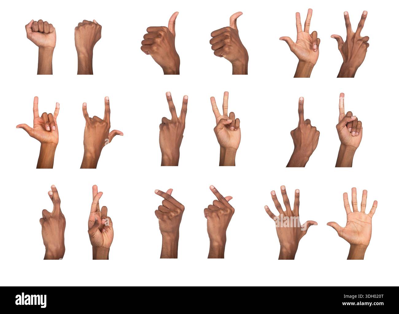 Hand gesture set with different signs, including fist, thumb up, peace ...