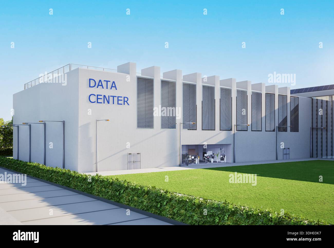 3d rendering data center building exterior against blue sky Stock Photo