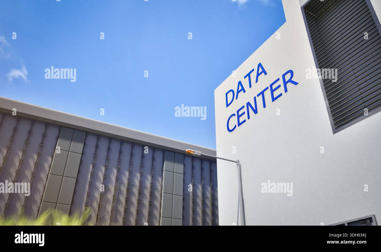 3d rendering data center building exterior against blue sky Stock Photo