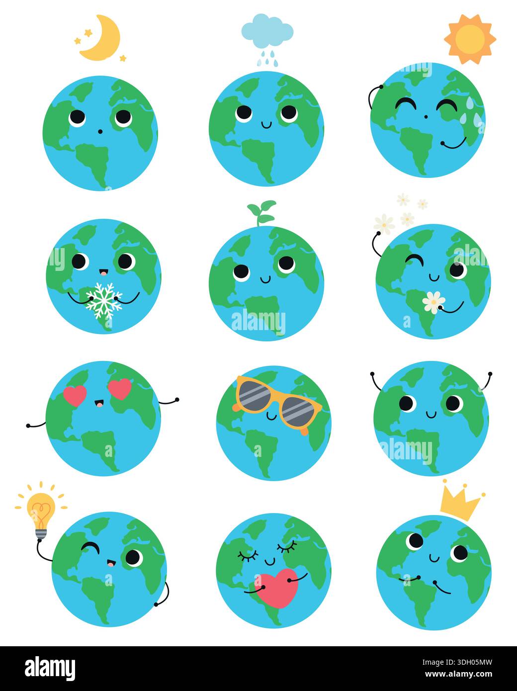 A simple set of cute characters on planet Earth. Hand-drawn ...