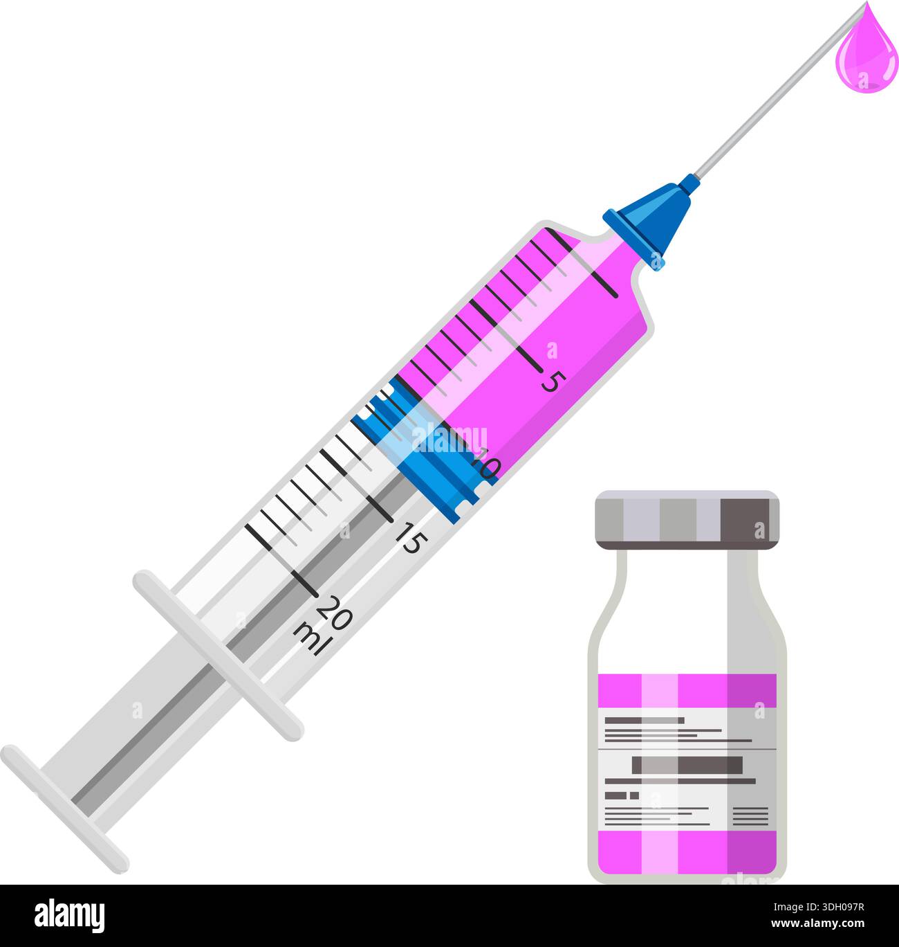 icon plastic medical syringe with needle, drop and vial in flat style ...