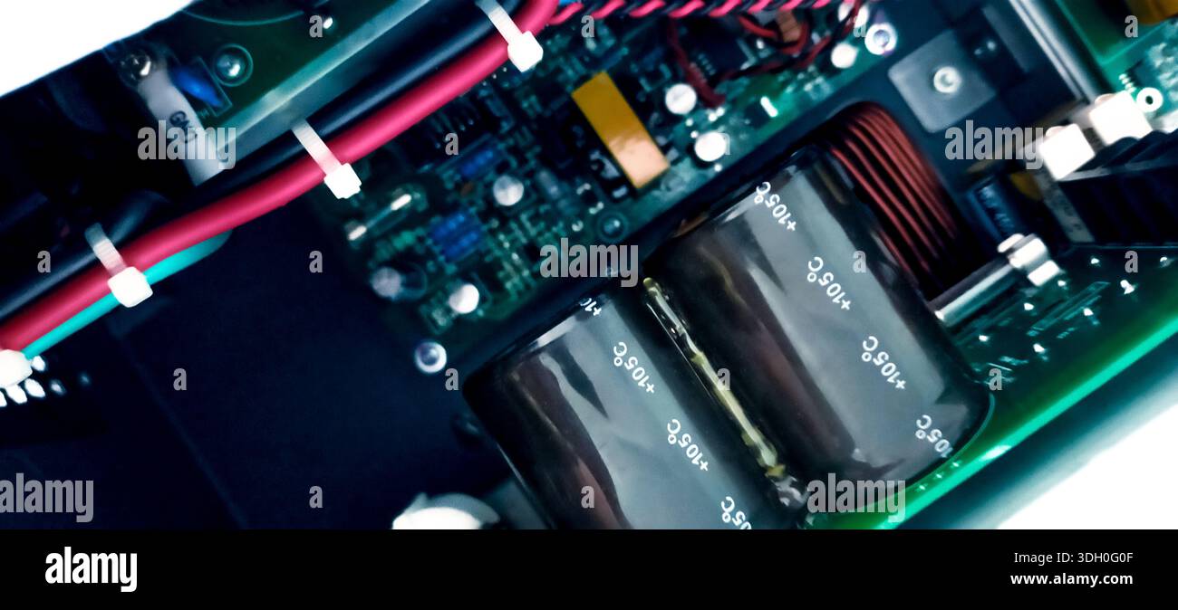 Electronic circuit board with capacitors, wiring, and power components ...