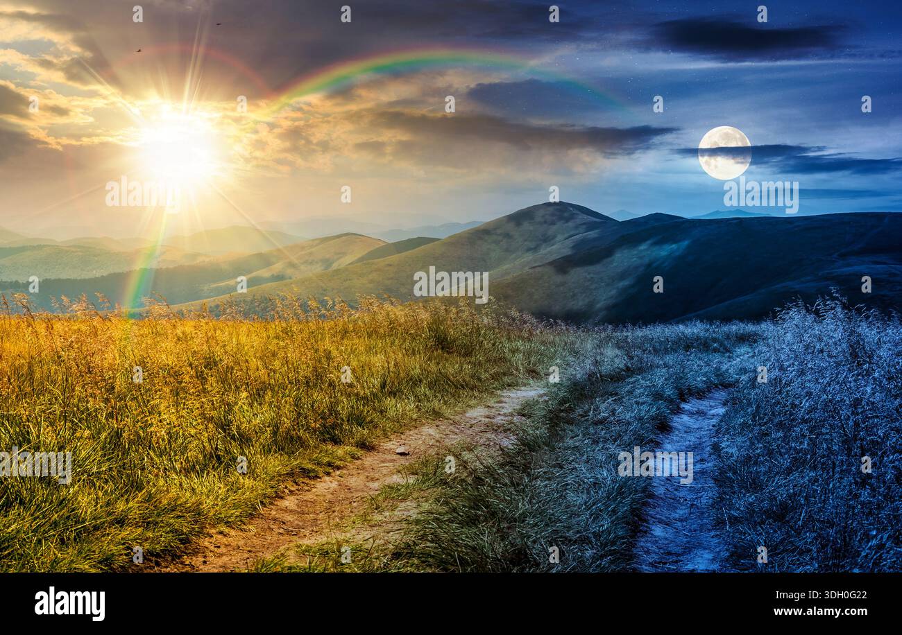 dirt road through grassy meadow on ridge. time change concept. beautiful summer landscape in green mountains under cloudy sky with sun and moon. uncer Stock Photo