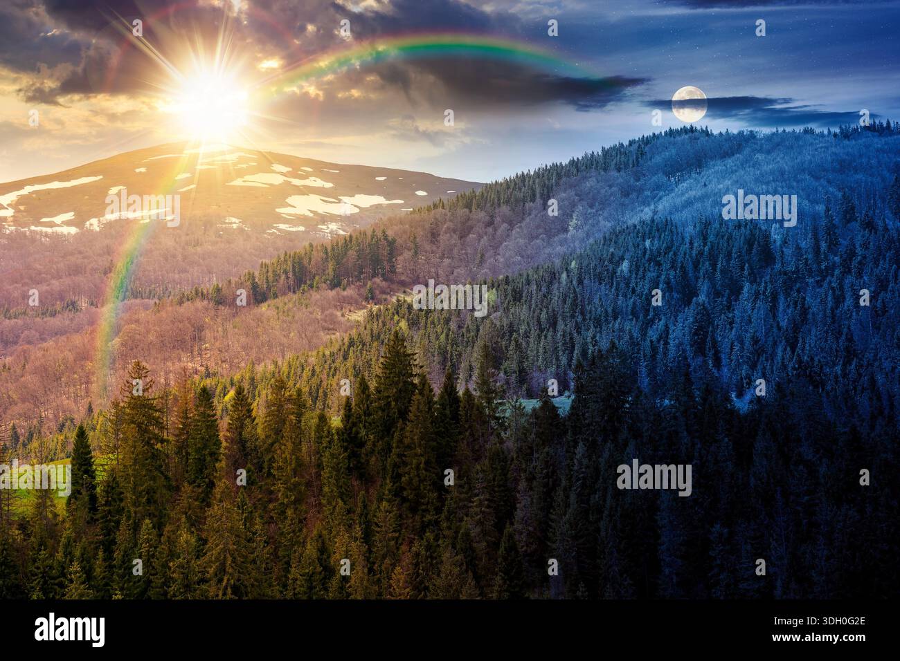 coniferous forest in mountain landscape in spring. day and night time change concept. lush green nature environment under sky with sun and moon. view Stock Photo