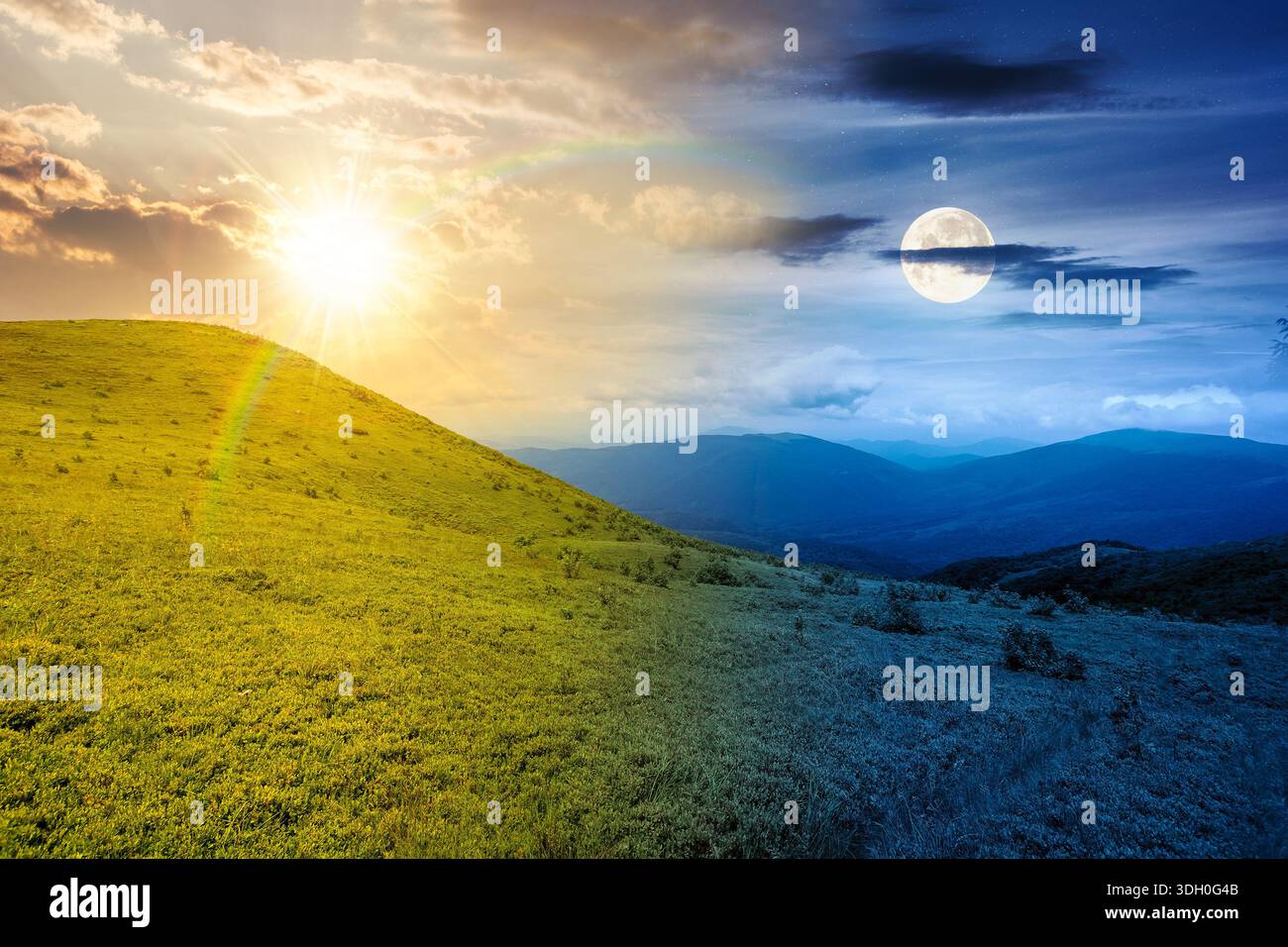wonderful summer landscape of mountains. time change concept. scenic alpine view of rolling hills and green meadow with sun and moon at twilight. unce Stock Photo
