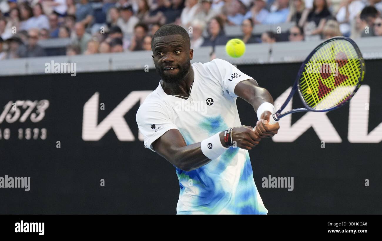Frances Tiafoe of the U.S. plays a backhand return to Jason Kubler of