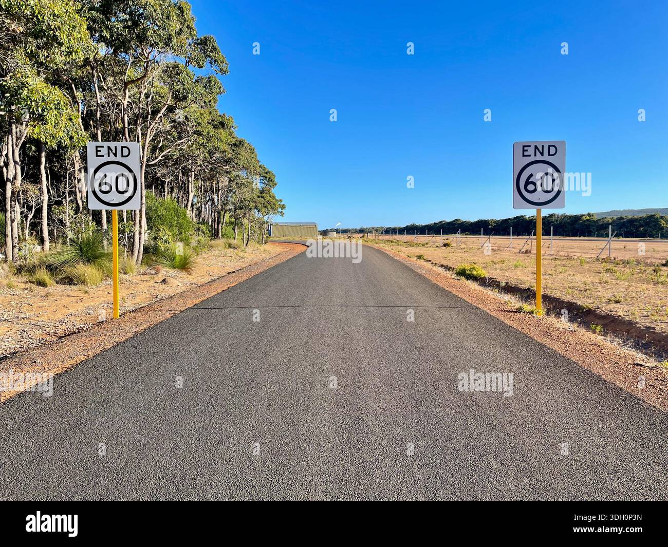 A road sign on the outskirts of a regional town indicating the end of a ...