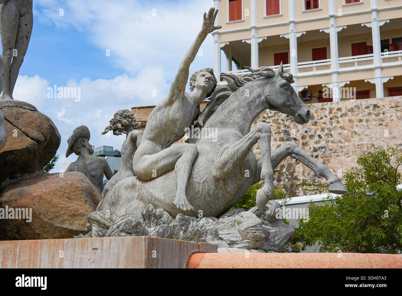 Allegorical bronze statues on the majestic Fuente Raíces (Roots Fountain) in Old San Juan, Puerto Rico Stock Photo