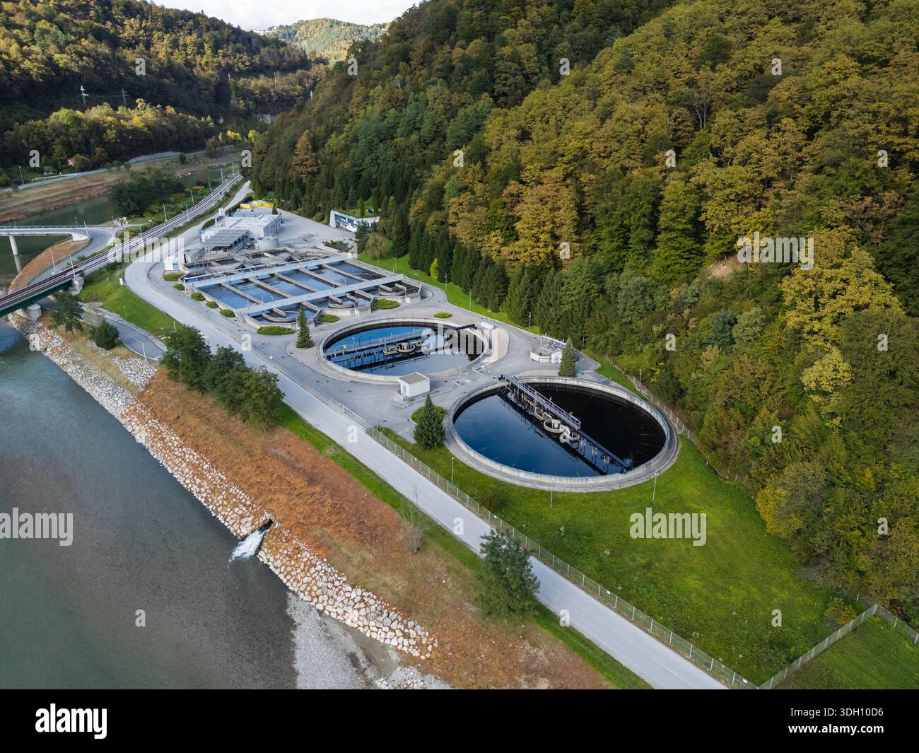 Aerial view of a modern wastewater treatment and water management ...