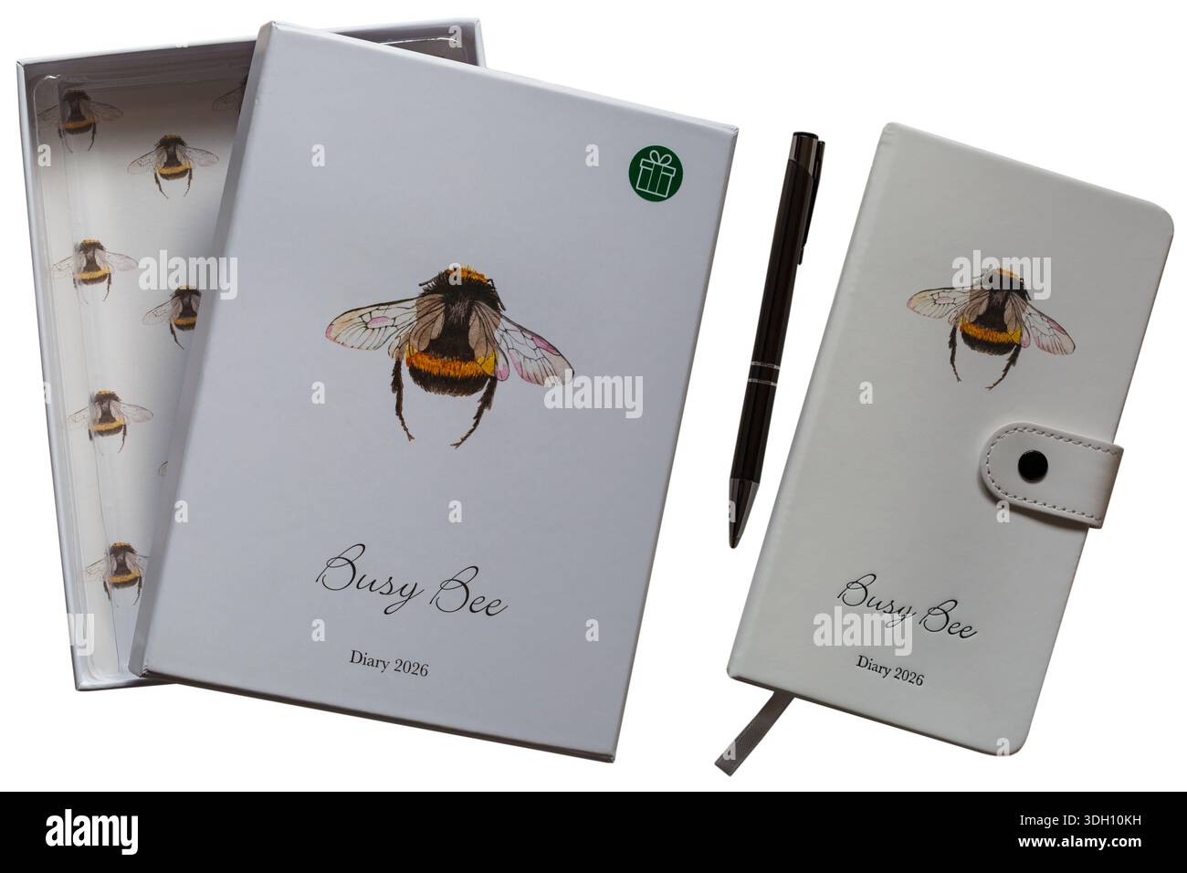 Busy Bee Diary 2026 with pen and box isolated on white background Stock ...
