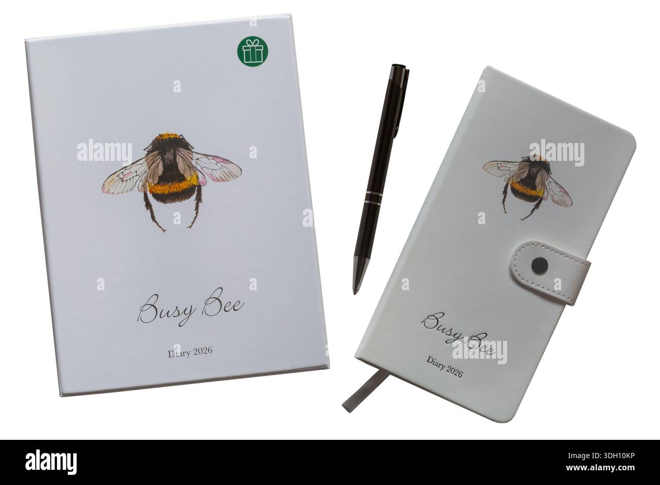 Busy Bee Diary 2026 with pen and box isolated on white background Stock ...