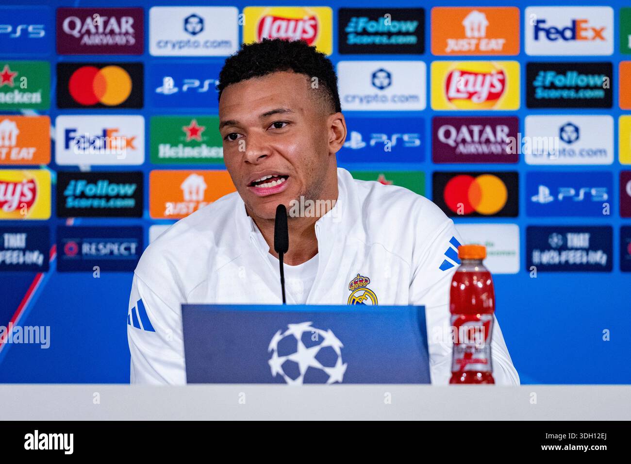 Valdebebas, Madrid, Spain. 19th Jan, 2026. Kylian Mbappe of Real Madrid  speaks during the Press Conference ahead of the UEFA Champions League  2024/25 match against AS Monaco at Ciudad Real Madrid on