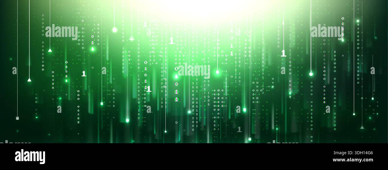 Green matrix code background with binary data numbers flowing in digital pattern. Cyber security screen with programming digits, hacker technology effect and dynamic 01 sequence for tech wallpaper. Stock Vector