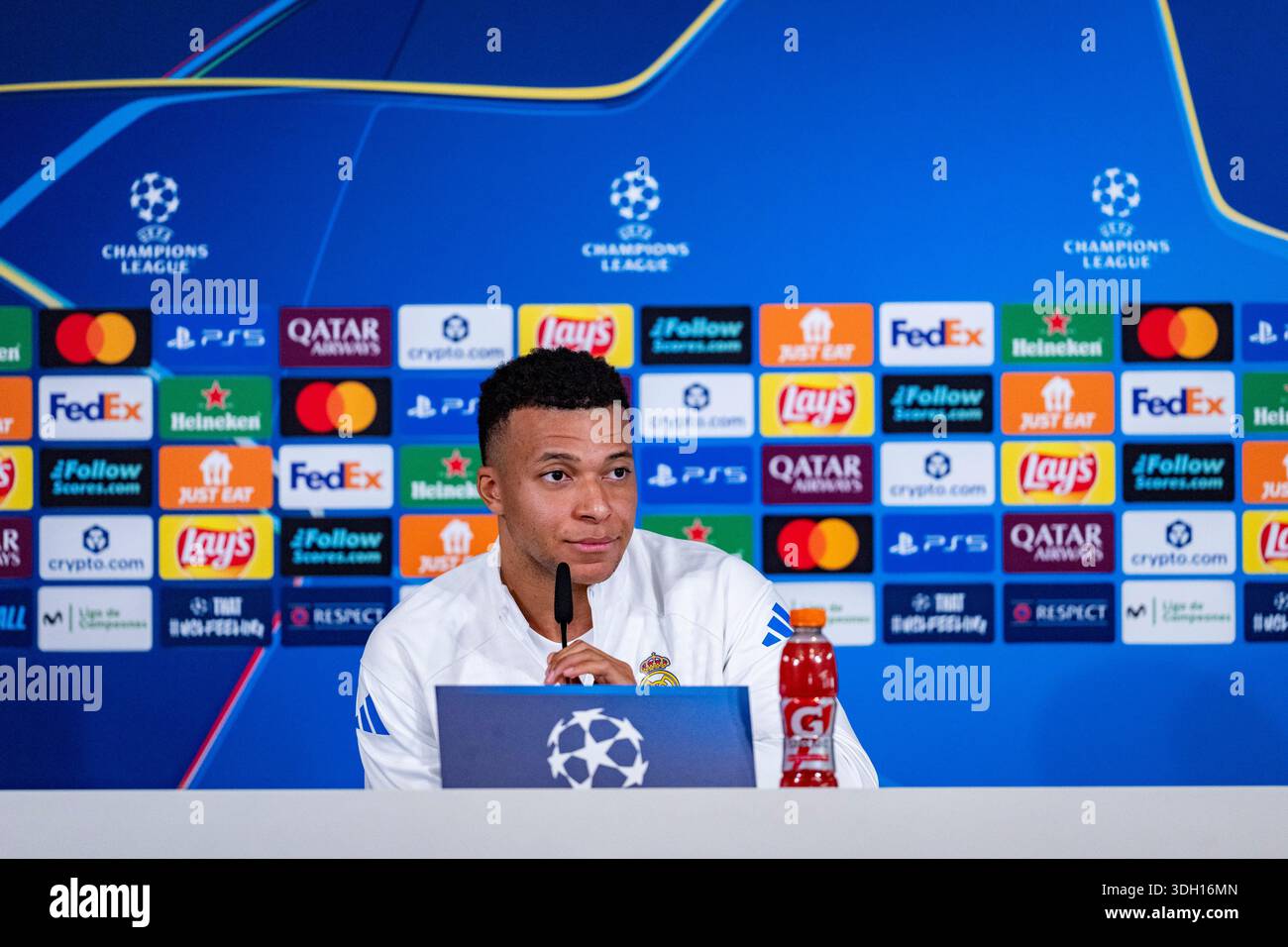 Valdebebas, Madrid, Spain. 19th Jan, 2026. Kylian Mbappe of Real Madrid  speaks during the Press Conference ahead of the UEFA Champions League  2024/25 match against AS Monaco at Ciudad Real Madrid on