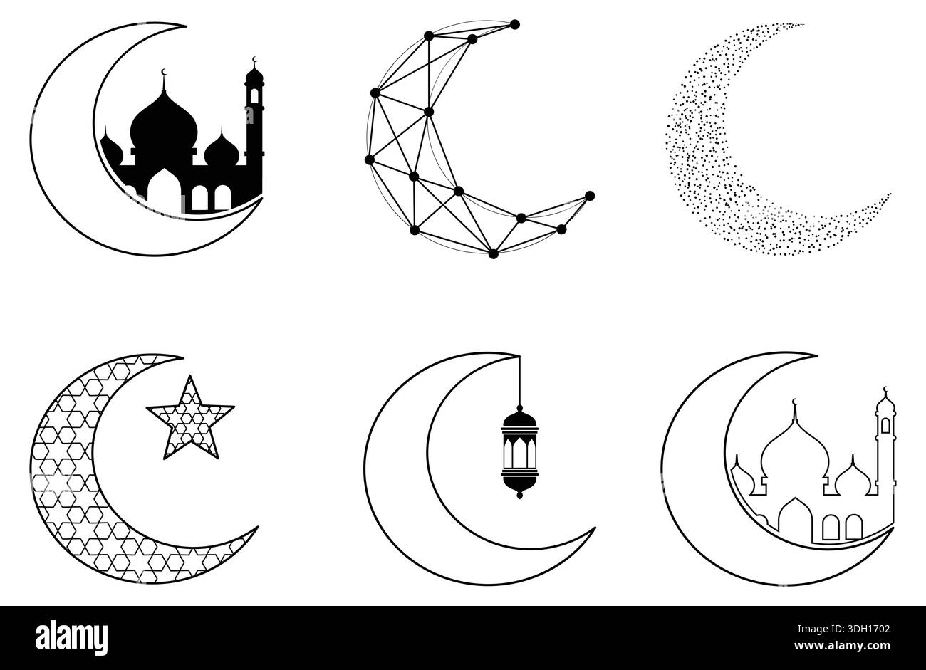 Black Islamic crescent moon motifs with solid mosque silhouette, geometric pattern, stippled dot texture, geometric star pattern, hanging lantern Stock Vector
