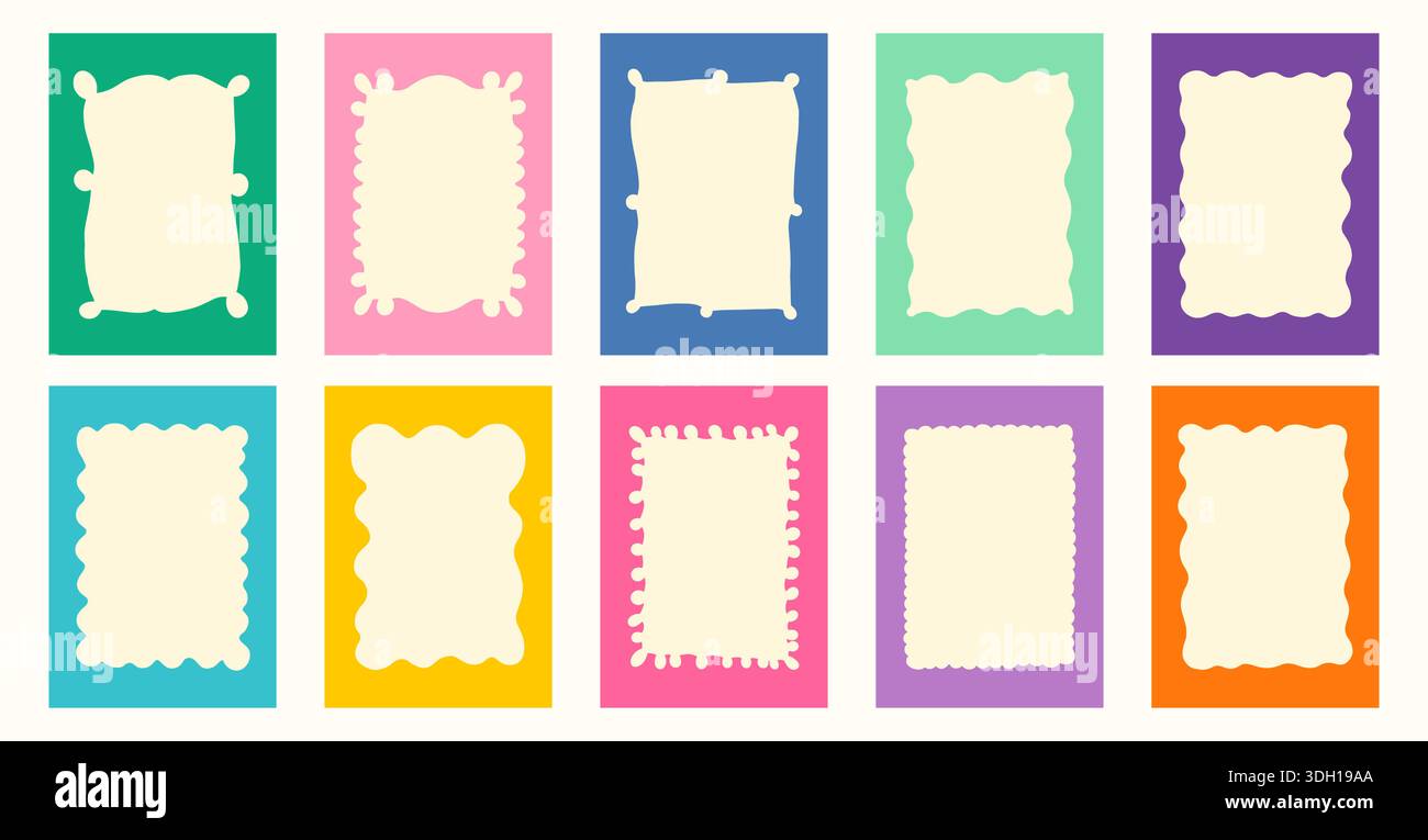 Wavy scalloped rectangular vector frames, Decorative text boxes with borders with squiggly edges for invitations and kids designs Stock Vector