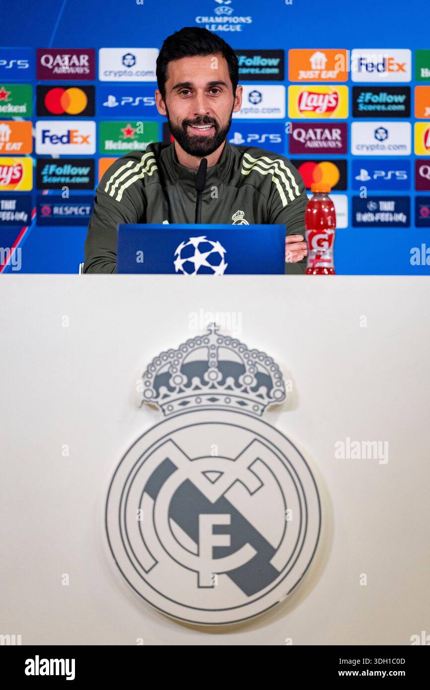 Valdebebas, Madrid, Spain. 19th Jan, 2026. Alvaro Arbeloa, head coach of  Real Madrid, is seen speaking at the Press Conference ahead of the UEFA  Champions League 2024/25 match against AS Monaco at