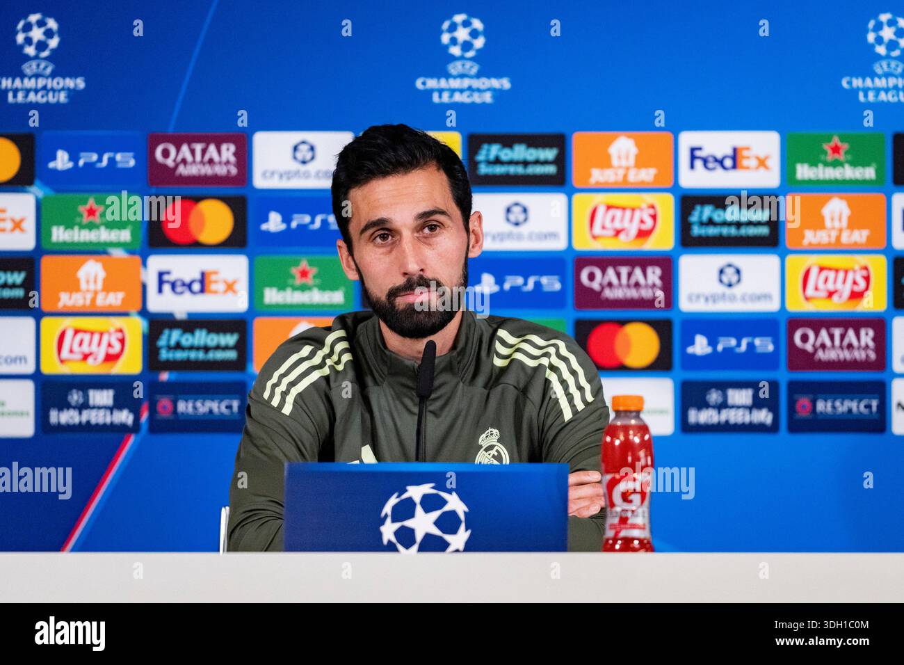 Valdebebas, Madrid, Spain. 19th Jan, 2026. Alvaro Arbeloa, head coach of  Real Madrid, is seen speaking at the Press Conference ahead of the UEFA  Champions League 2024/25 match against AS Monaco at
