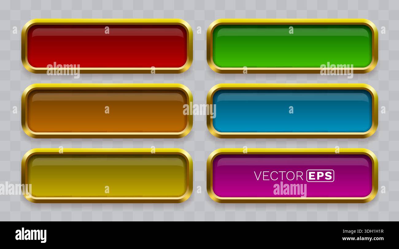Set colorful web buttons with golden borders, ideal for user interface design. Vector illustration Stock Vector