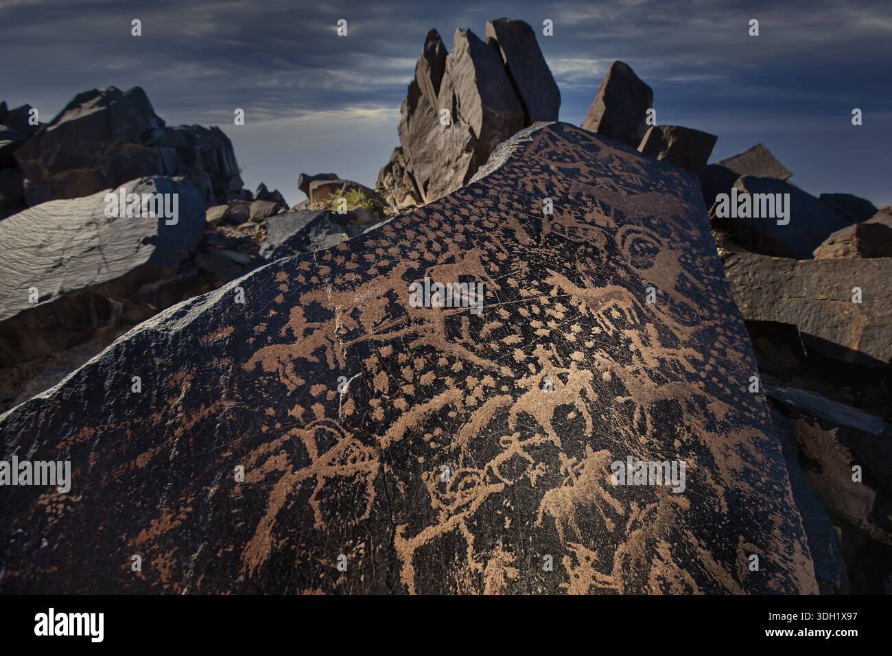 Ancient rock carvings of animals and human figures, depicting a hunting ...